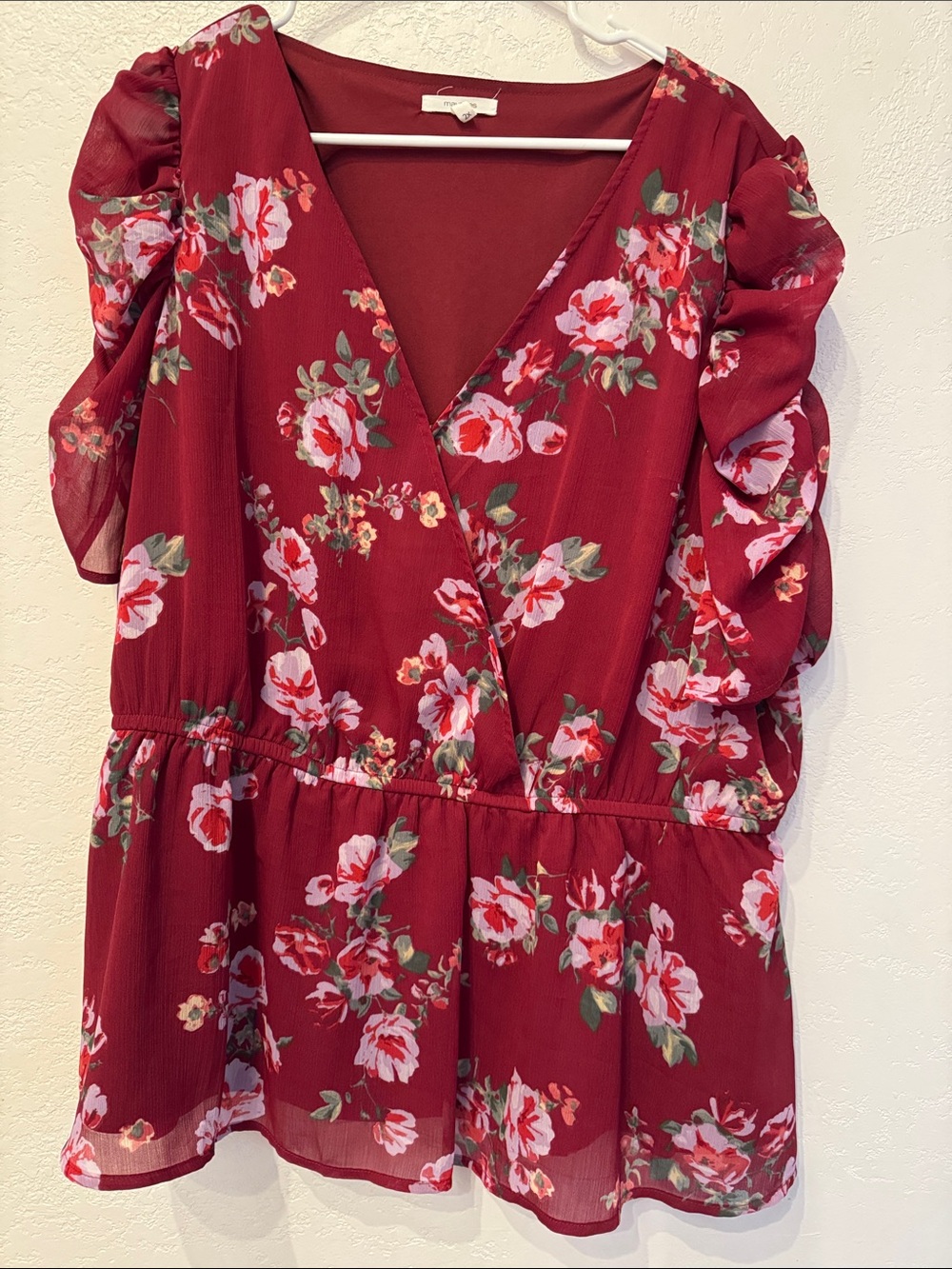 Maurices Burgundy Floral V-Neck Peplum Tunic